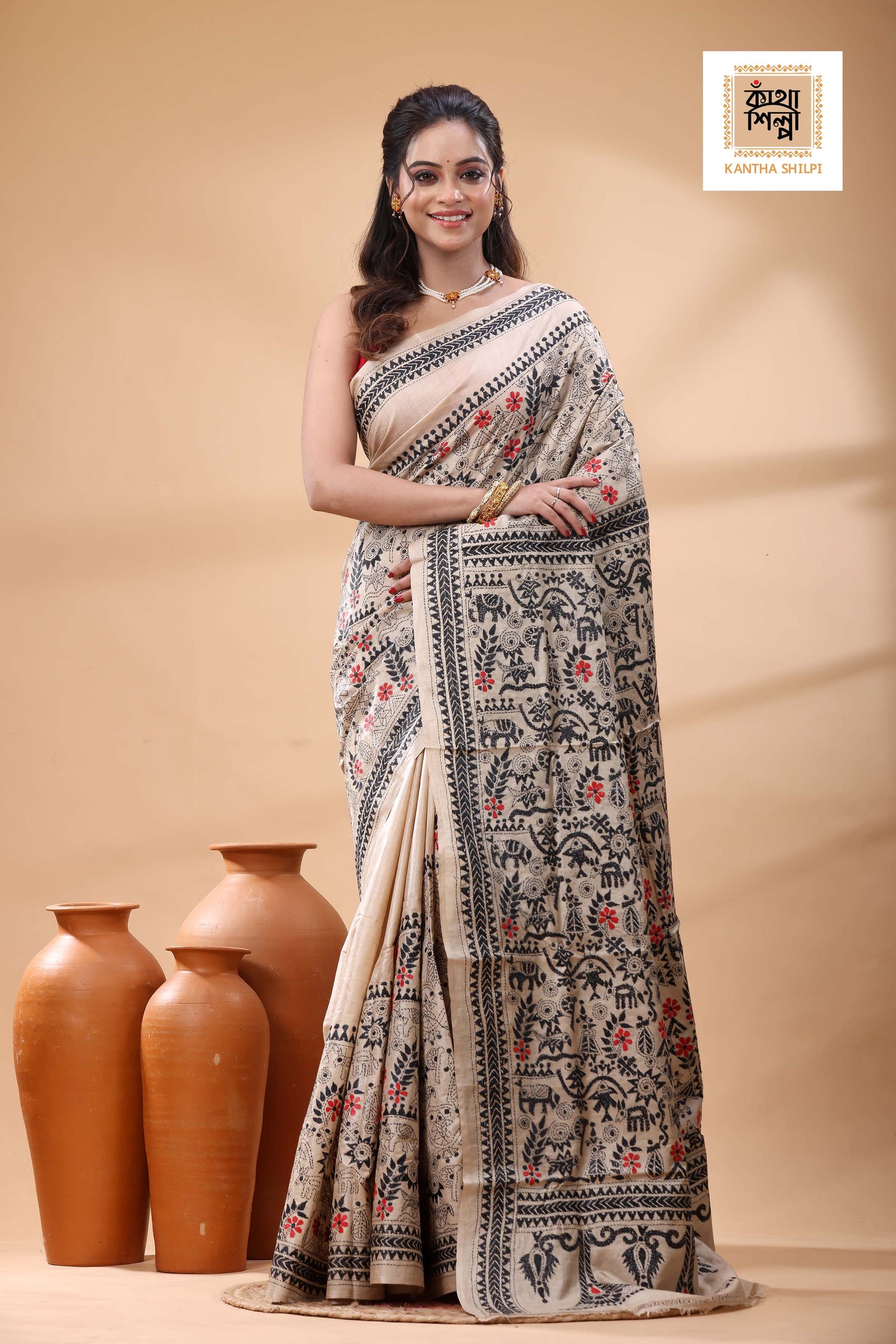 Pure Gachi Tussar Black Red Color Thread Work Kantha Stitch Saree