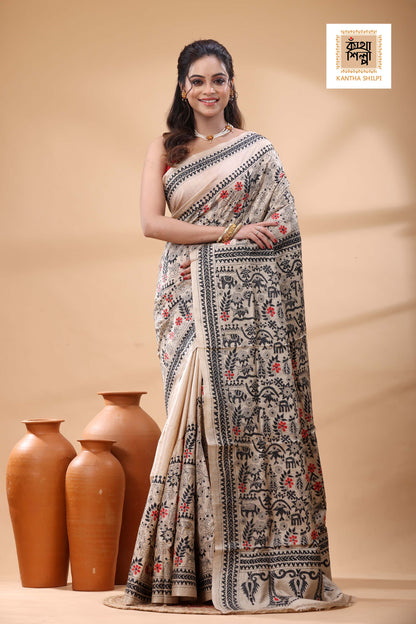 Pure Gachi Tussar Black Red Color Thread Work Kantha Stitch Saree