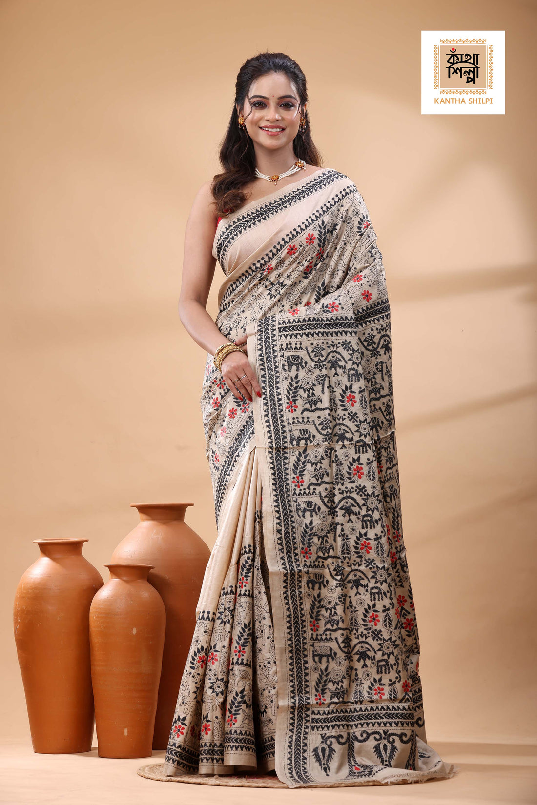 Pure Gachi Tussar Black Red Color Thread Work Kantha Stitch Saree