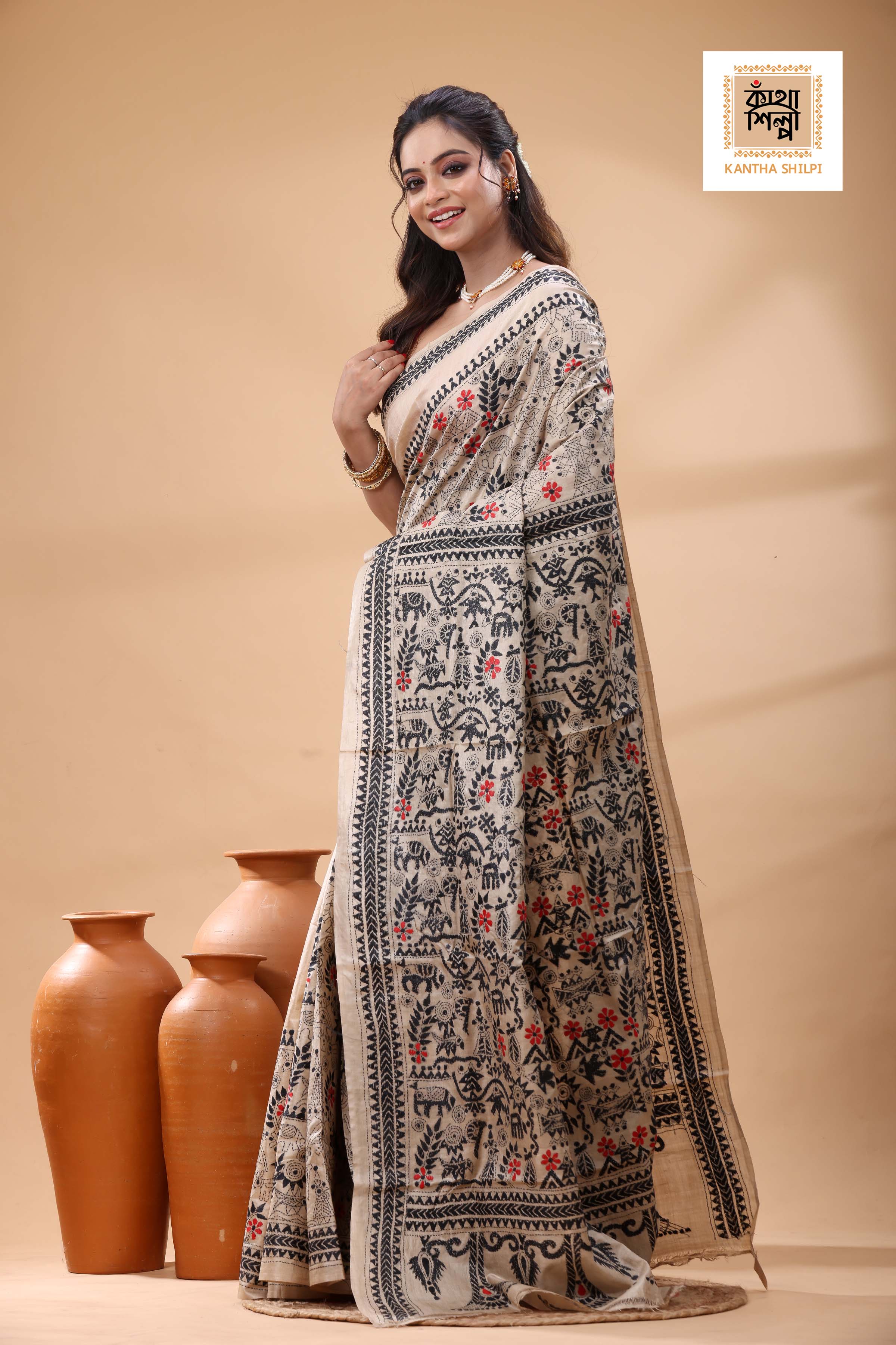 Pure Gachi Tussar Black Red Color Thread Work Kantha Stitch Saree