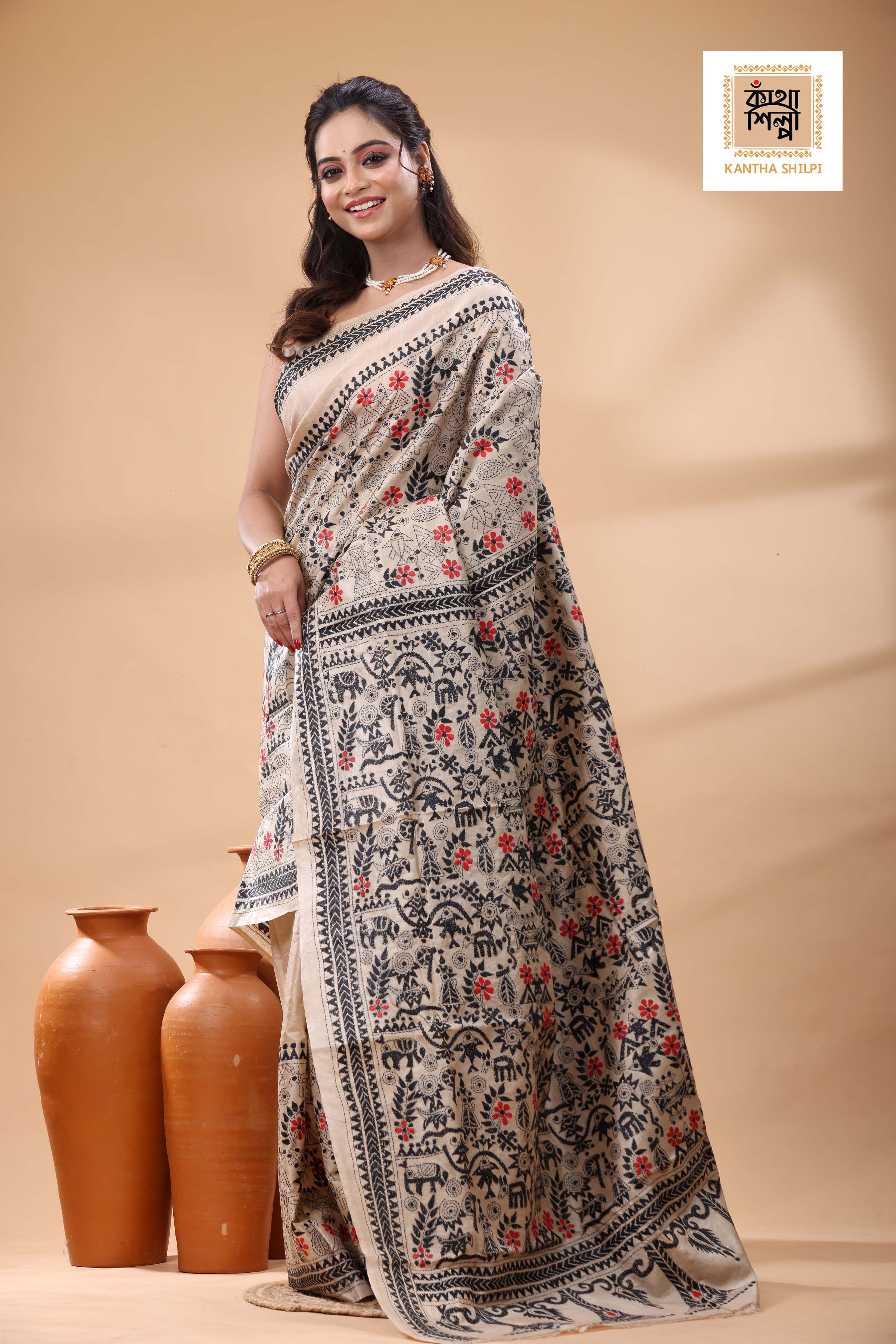 Pure Gachi Tussar Black Red Color Thread Work Kantha Stitch Saree