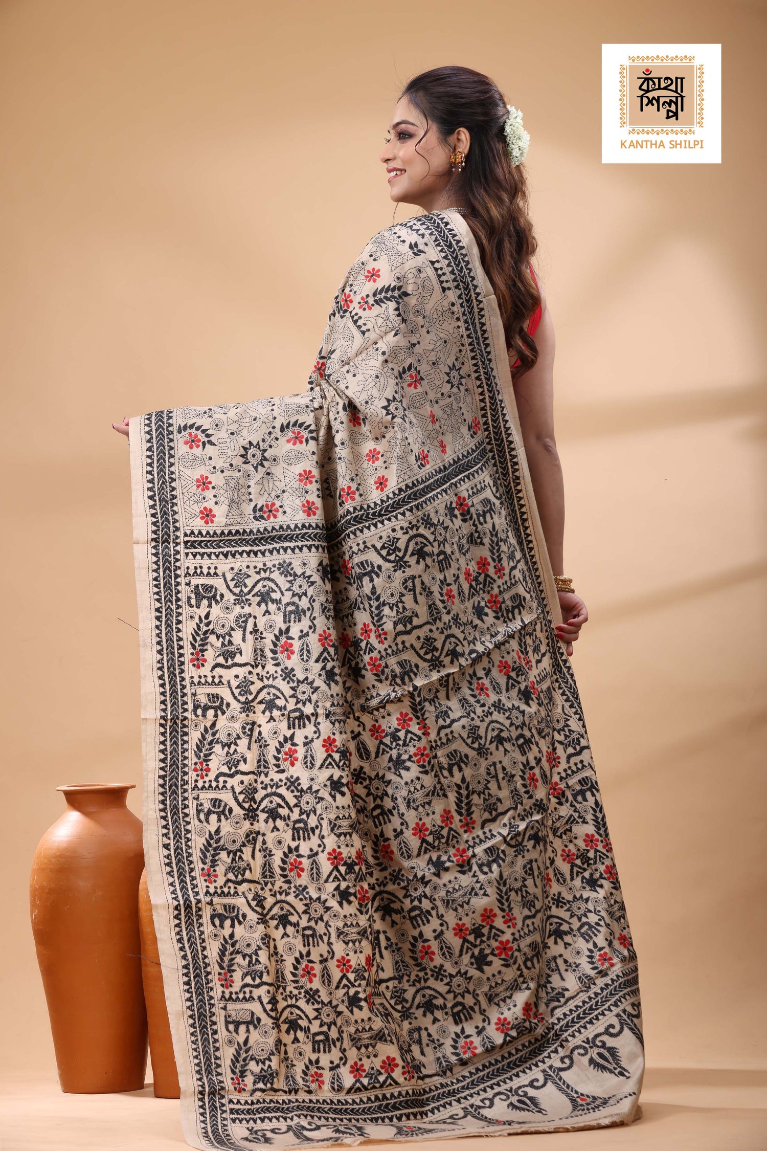 Pure Gachi Tussar Black Red Color Thread Work Kantha Stitch Saree
