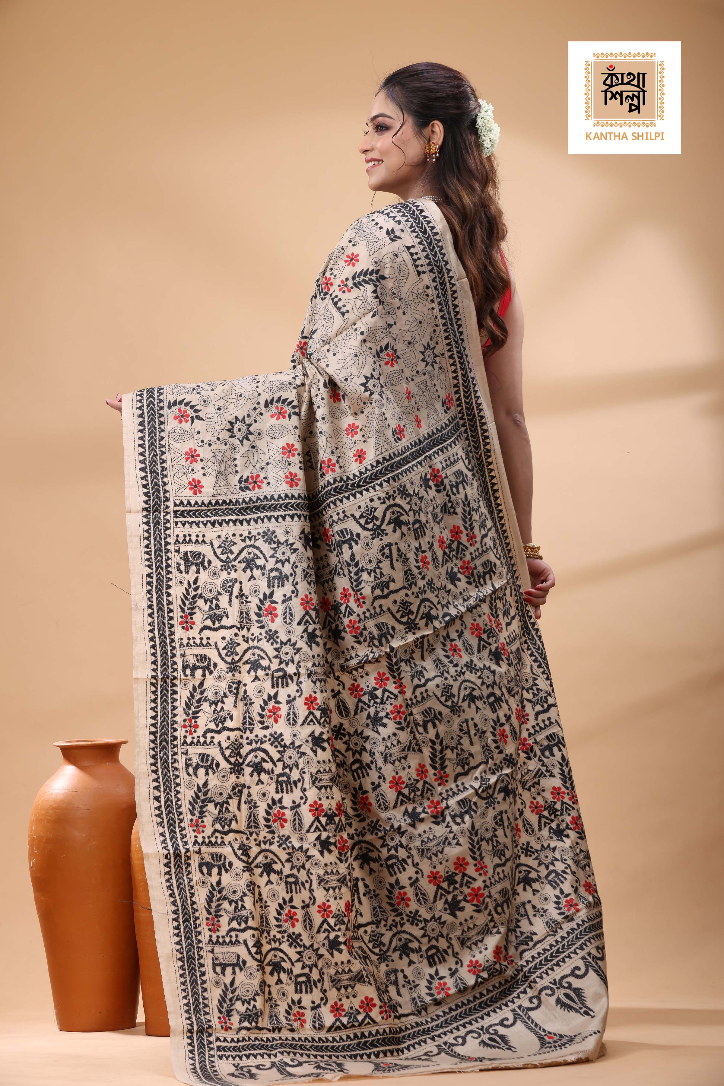 Pure Gachi Tussar Black Red Color Thread Work Kantha Stitch Saree