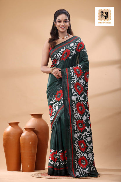 Green Color Bangalore Silk White Red Color Thread Work Kantha Stitch Saree