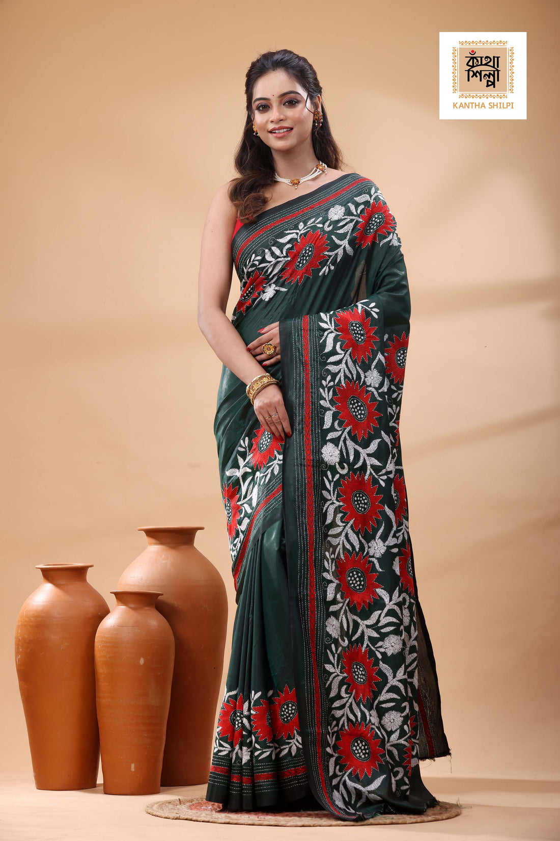 Green Color Bangalore Silk White Red Color Thread Work Kantha Stitch Saree