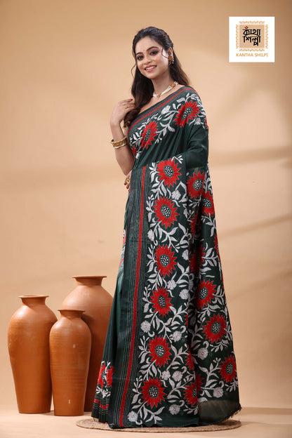 Green Color Bangalore Silk White Red Color Thread Work Kantha Stitch Saree