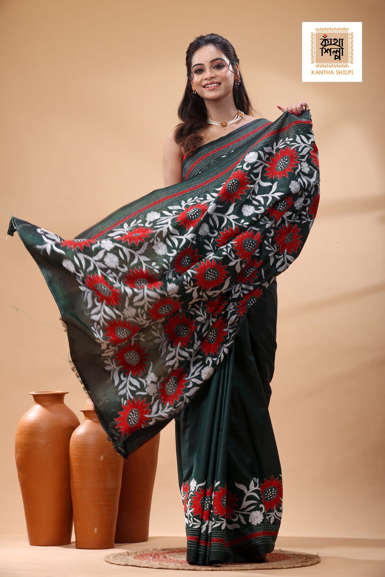Green Color Bangalore Silk White Red Color Thread Work Kantha Stitch Saree
