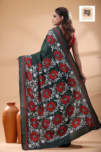 Green Color Bangalore Silk White Red Color Thread Work Kantha Stitch Saree
