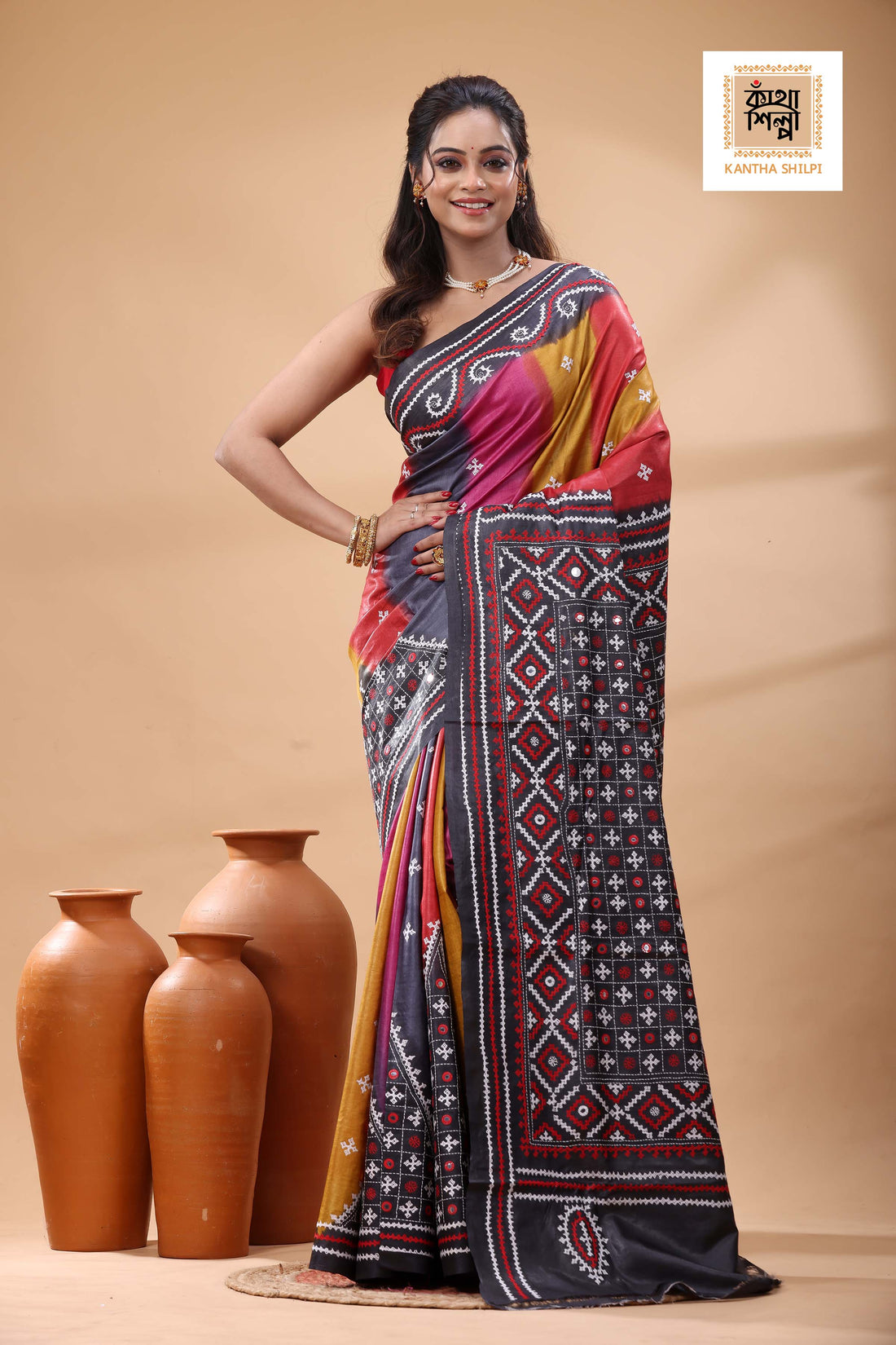 Pure Gachi Tussar Multicolor Dye And Red White Thread Work Gujrati Stitch Saree