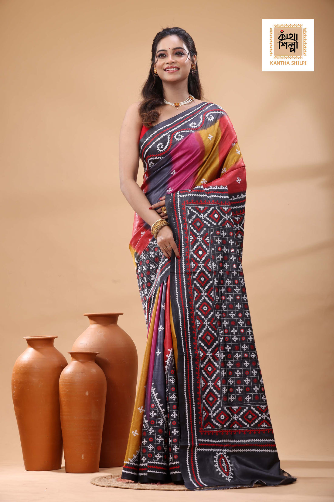 Pure Gachi Tussar Multicolor Dye And Red White Thread Work Gujrati Stitch Saree