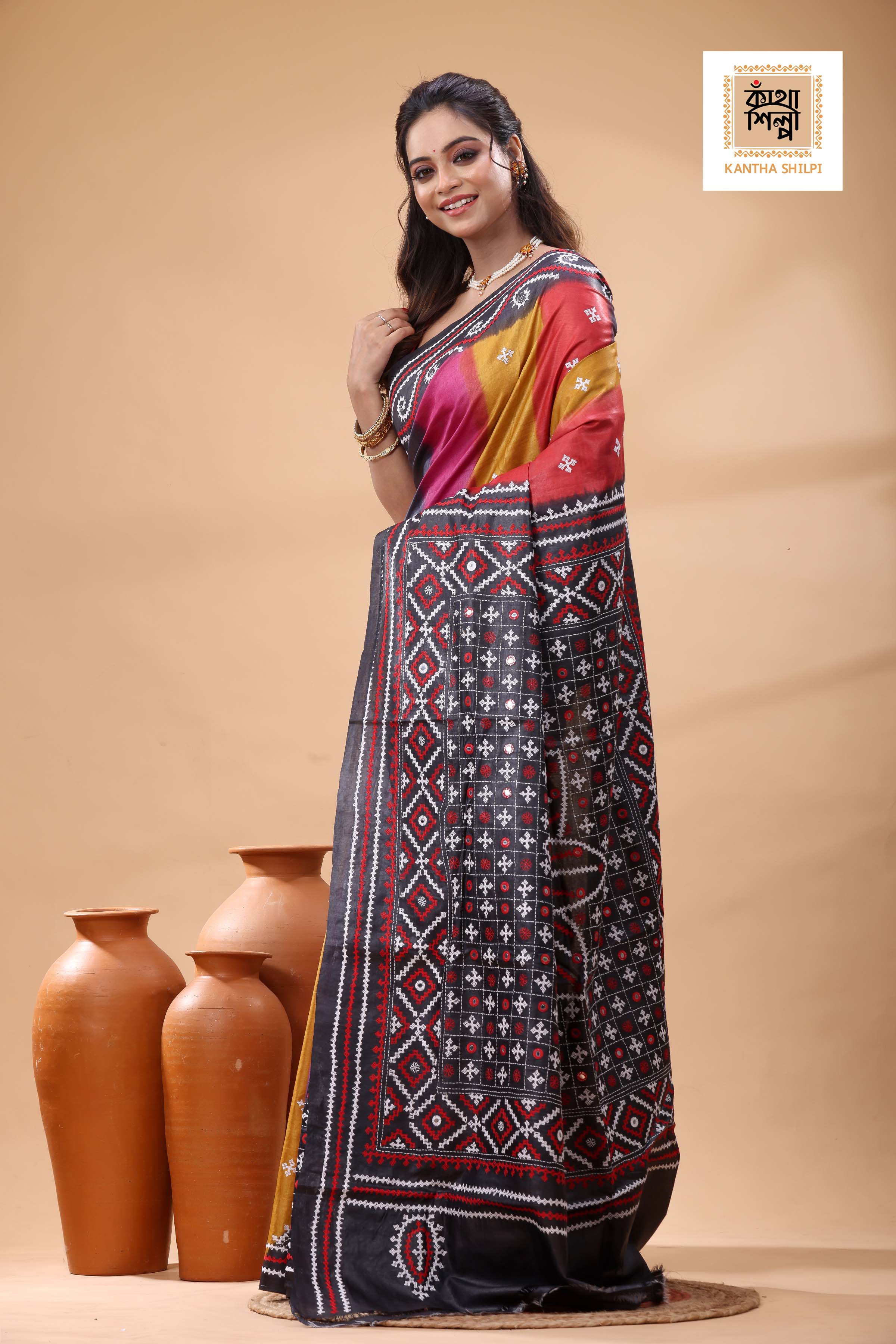 Pure Gachi Tussar Multicolor Dye And Red White Thread Work Gujrati Stitch Saree