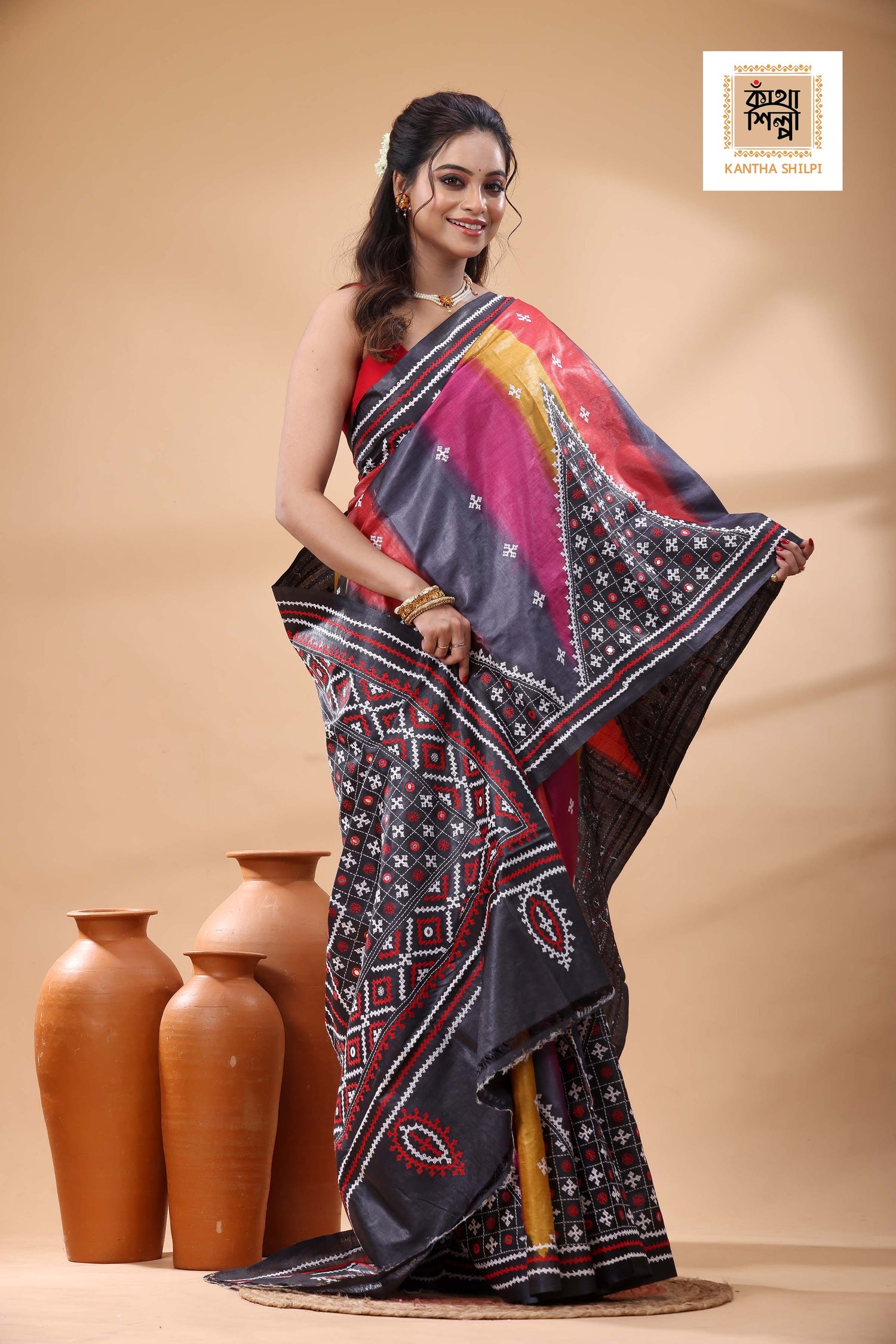 Pure Gachi Tussar Multicolor Dye And Red White Thread Work Gujrati Stitch Saree