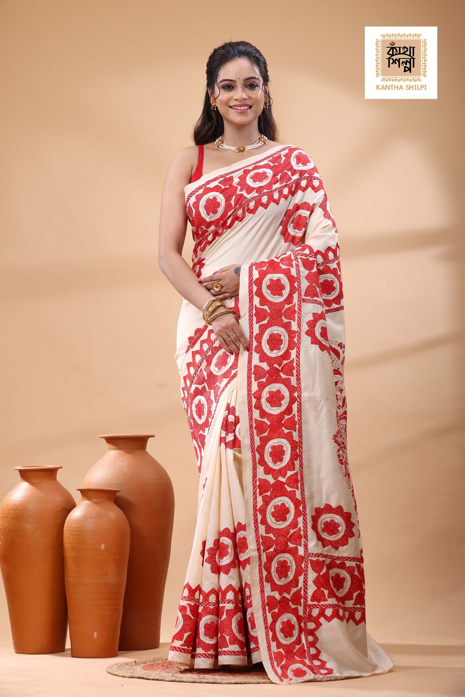 Off White Tussar Silk Red Color Thread Work Kantha Stitch Saree