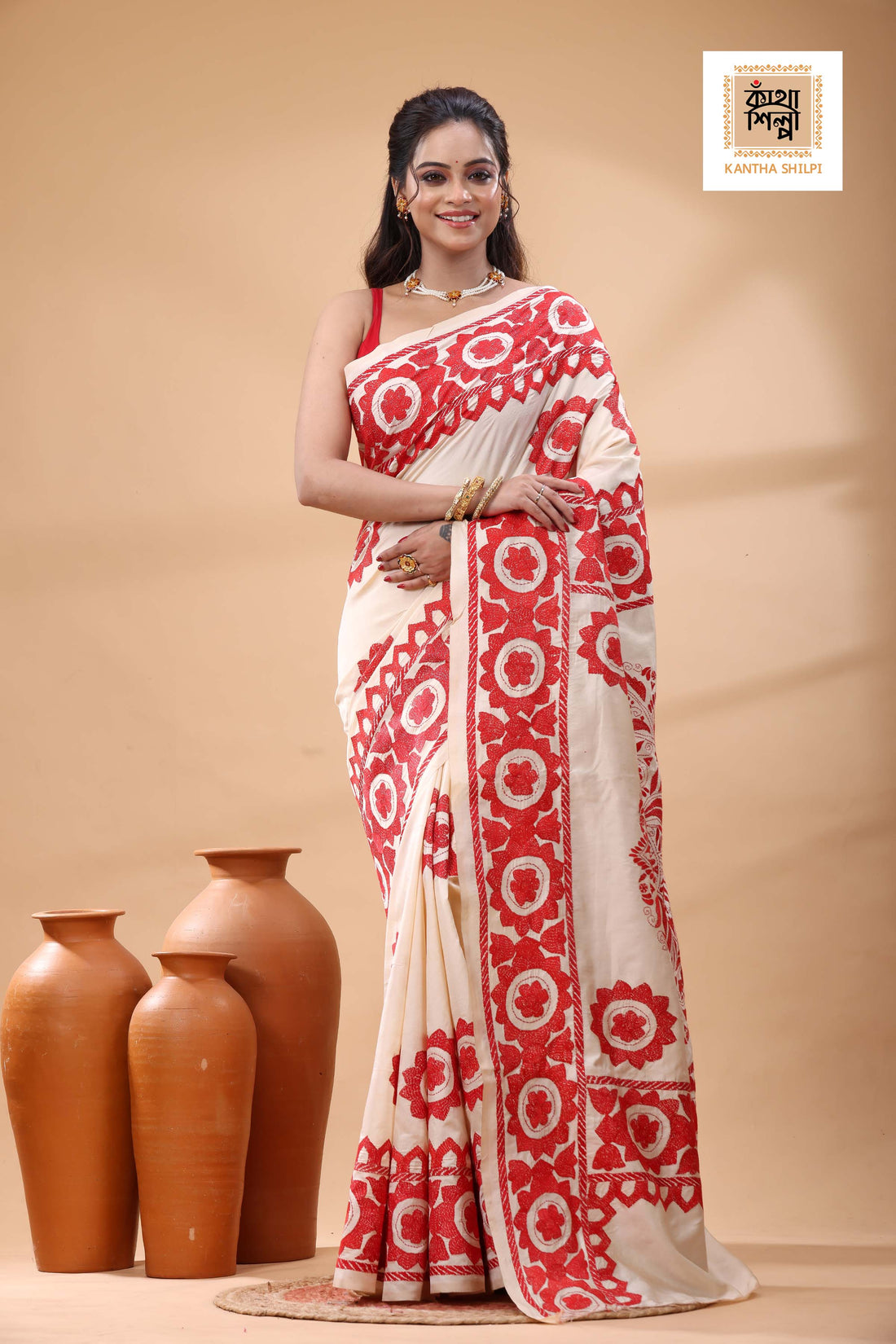 Off White Tussar Silk Red Color Thread Work Kantha Stitch Saree