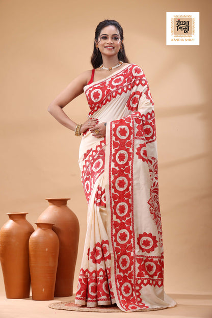 Off White Tussar Silk Red Color Thread Work Kantha Stitch Saree