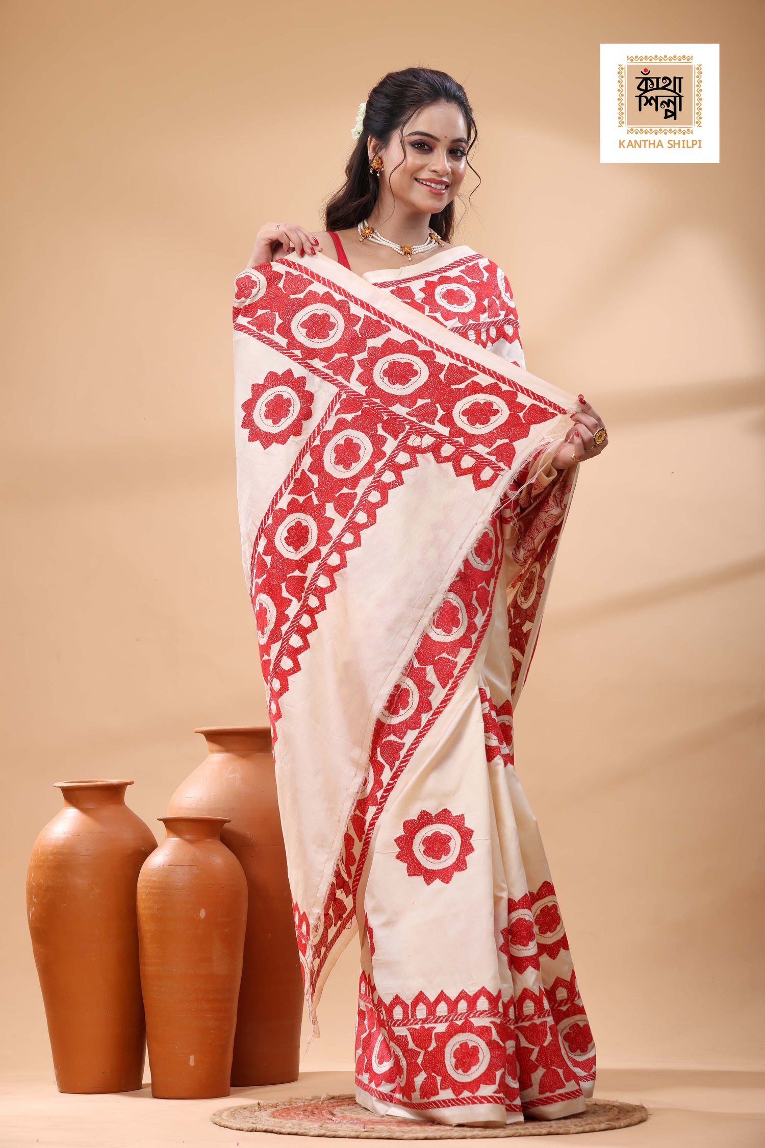Off White Tussar Silk Red Color Thread Work Kantha Stitch Saree