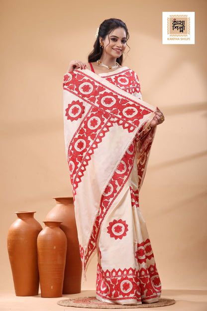 Off White Tussar Silk Red Color Thread Work Kantha Stitch Saree