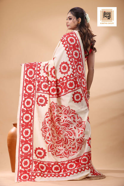 Off White Tussar Silk Red Color Thread Work Kantha Stitch Saree