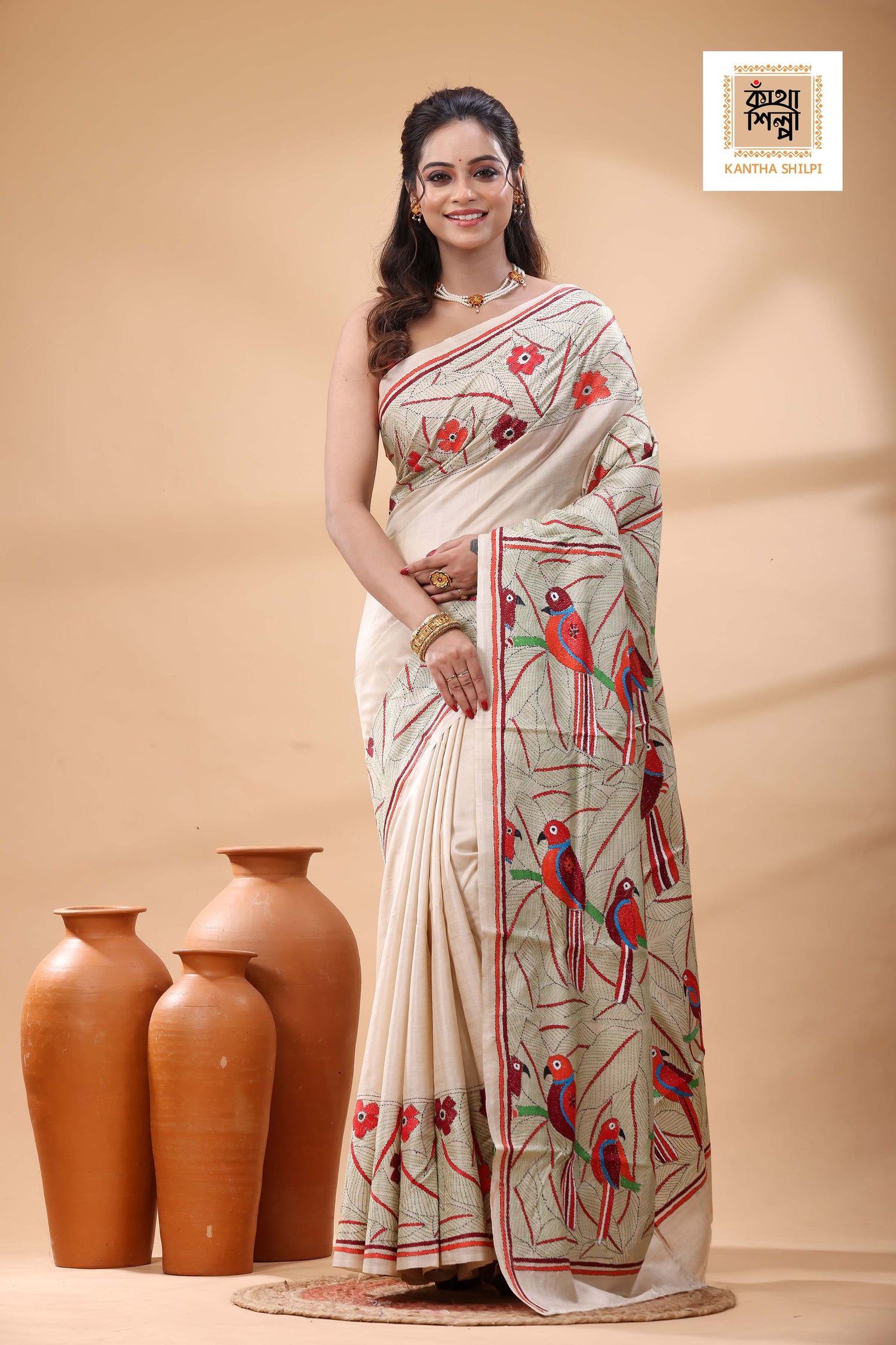 Pure Gachi Tussar Multicolor Thread Work Kantha Stitch Saree