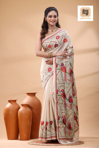 Pure Gachi Tussar Multicolor Thread Work Kantha Stitch Saree