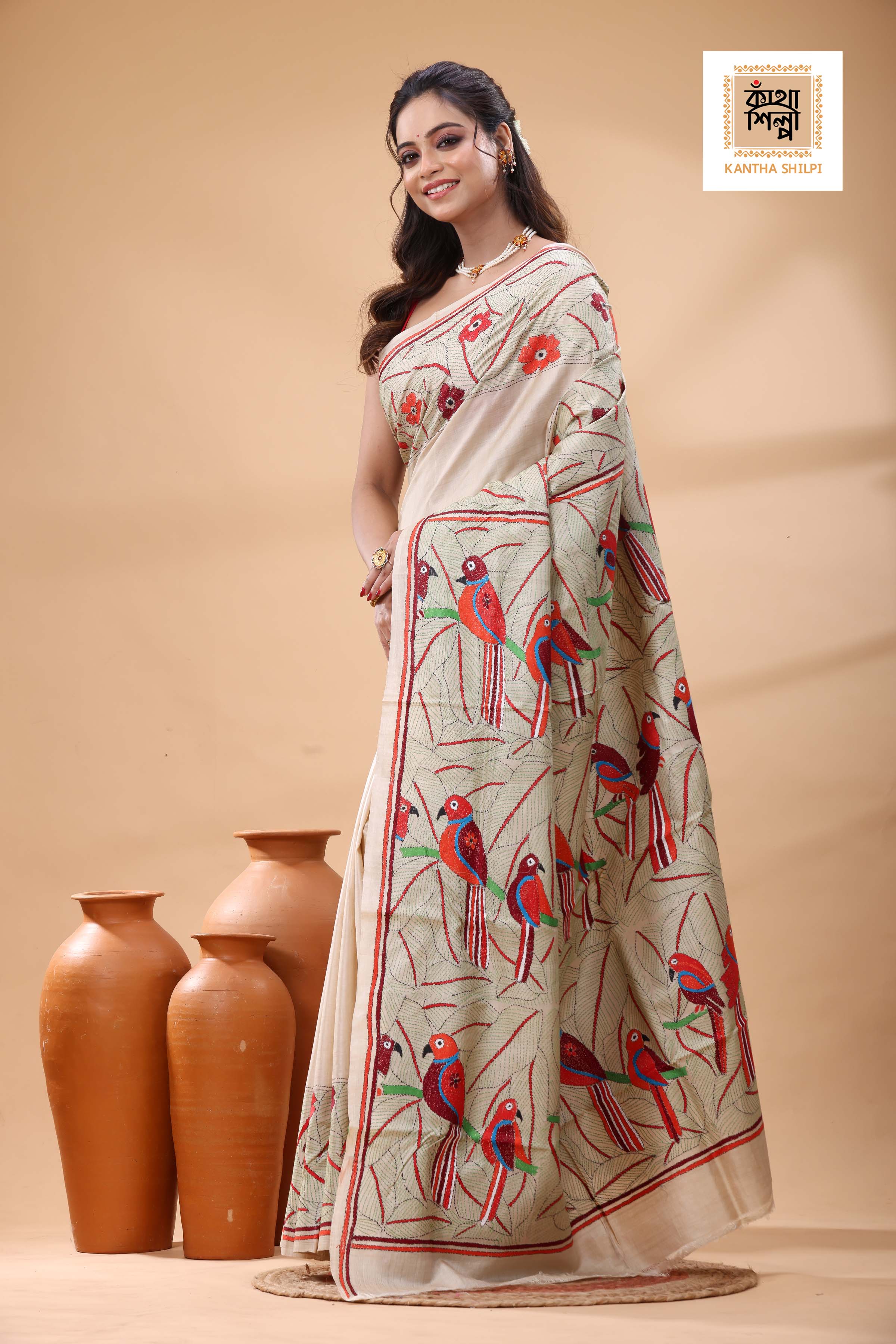 Pure Gachi Tussar Multicolor Thread Work Kantha Stitch Saree