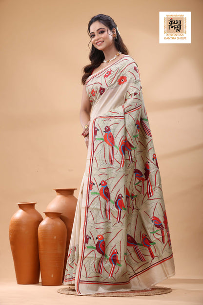 Pure Gachi Tussar Multicolor Thread Work Kantha Stitch Saree