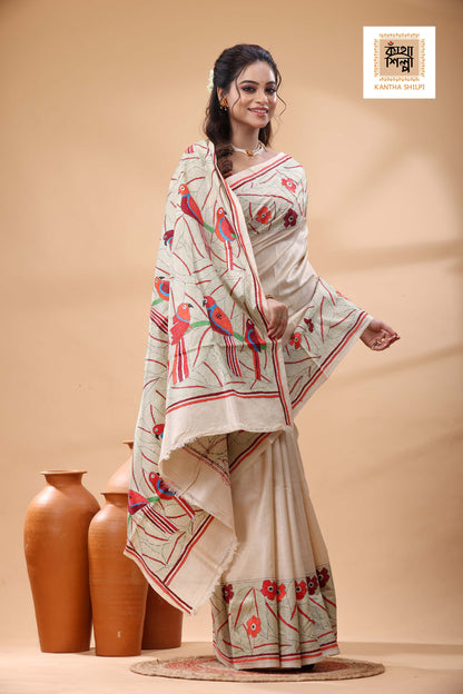 Pure Gachi Tussar Multicolor Thread Work Kantha Stitch Saree