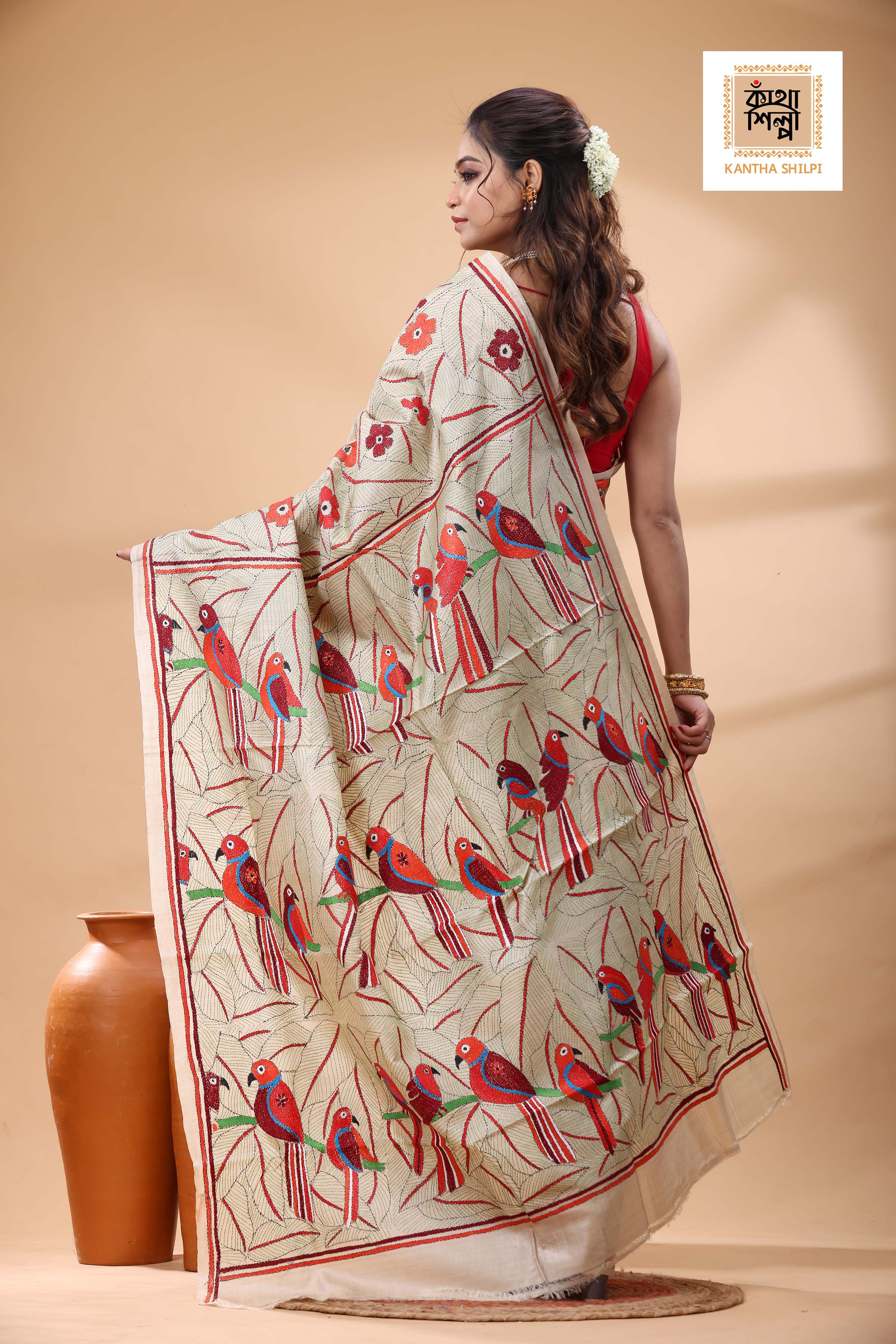 Pure Gachi Tussar Multicolor Thread Work Kantha Stitch Saree