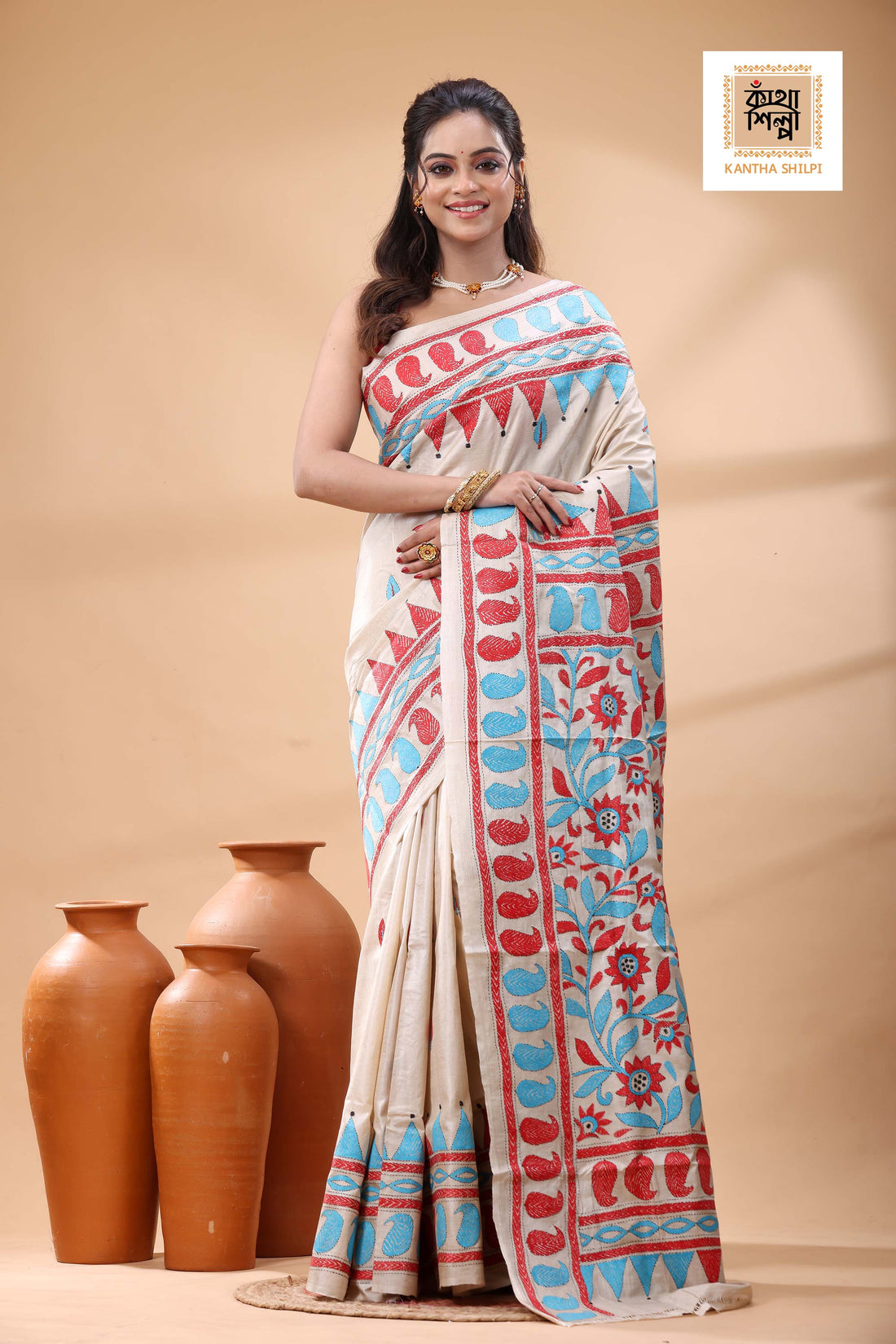 Pure Gachi Tussar Multicolor Thread Work Kantha Stitch Saree