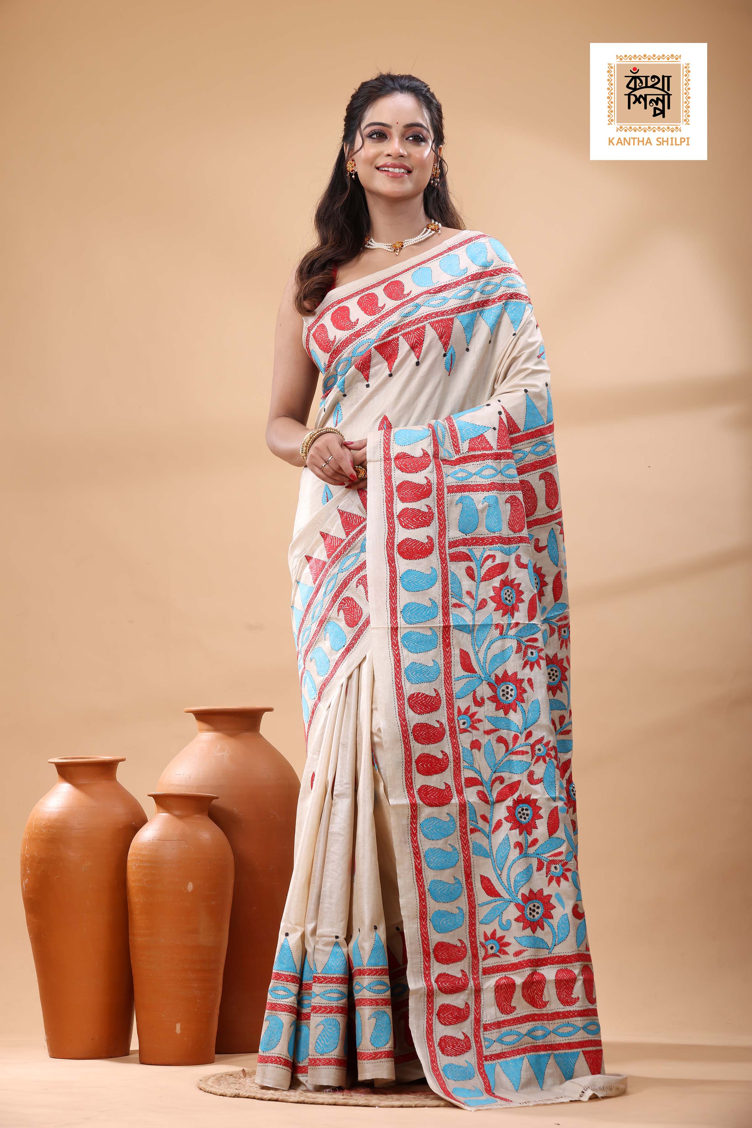 Pure Gachi Tussar Multicolor Thread Work Kantha Stitch Saree