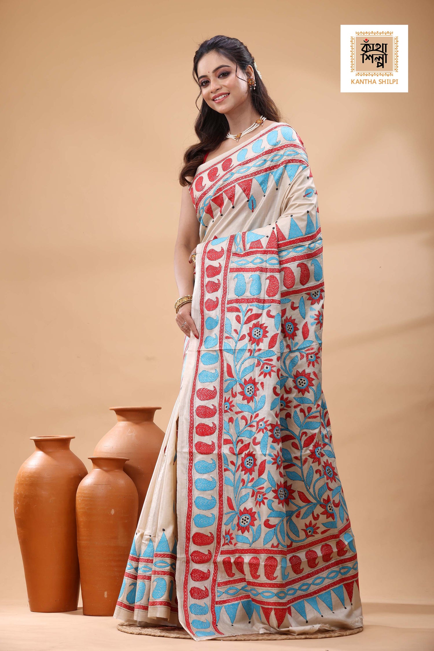 Pure Gachi Tussar Multicolor Thread Work Kantha Stitch Saree