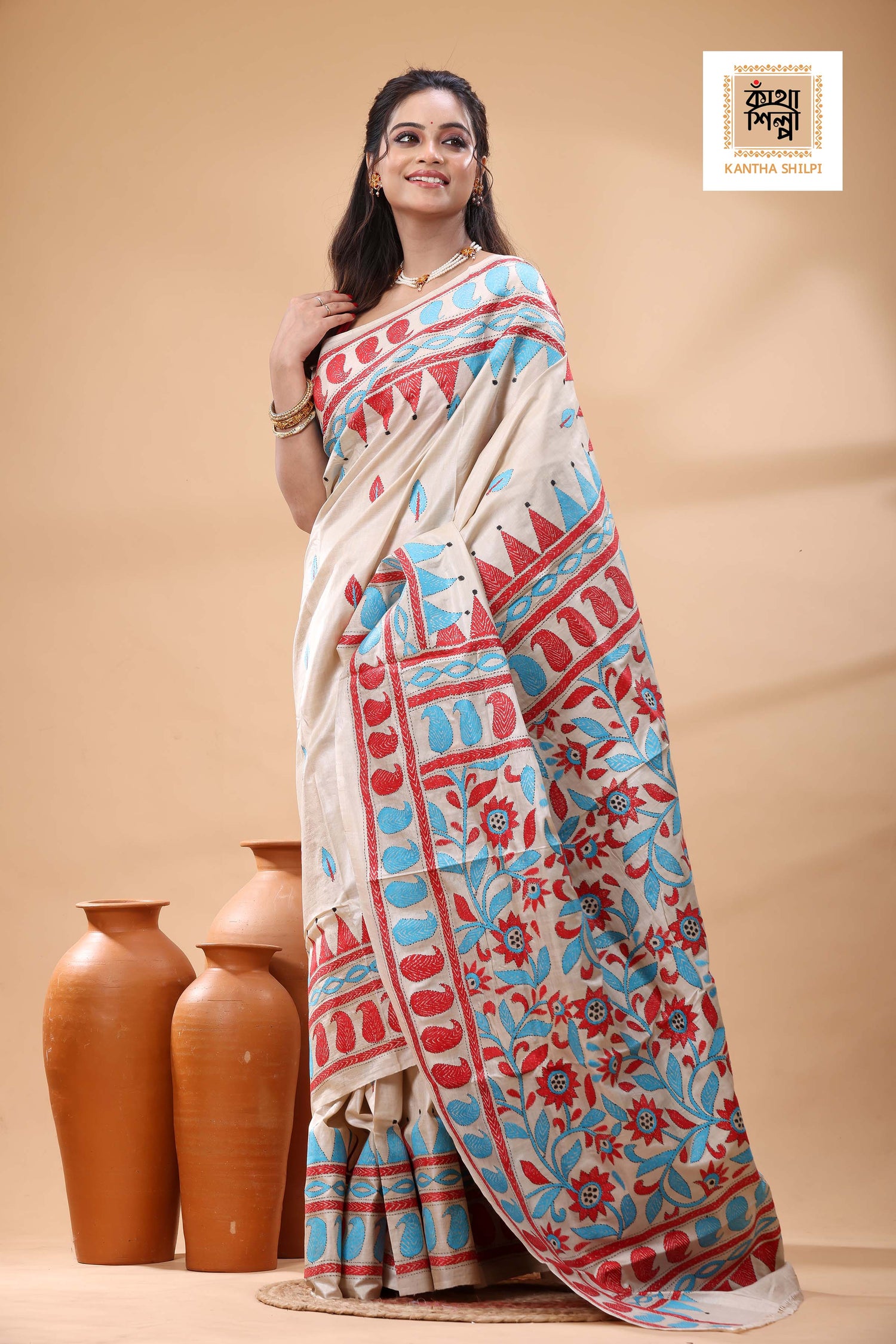 Pure Gachi Tussar Multicolor Thread Work Kantha Stitch Saree