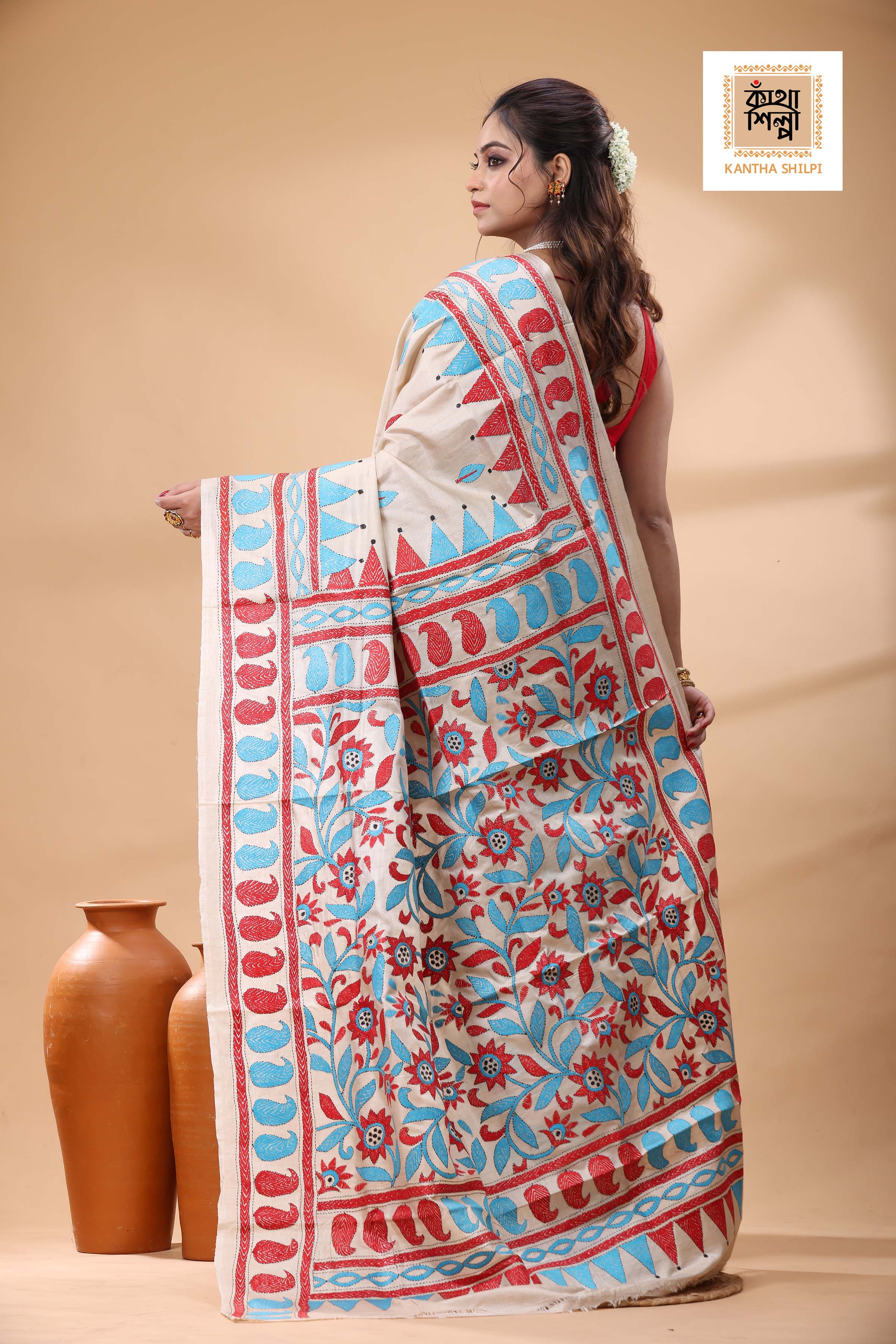 Pure Gachi Tussar Multicolor Thread Work Kantha Stitch Saree