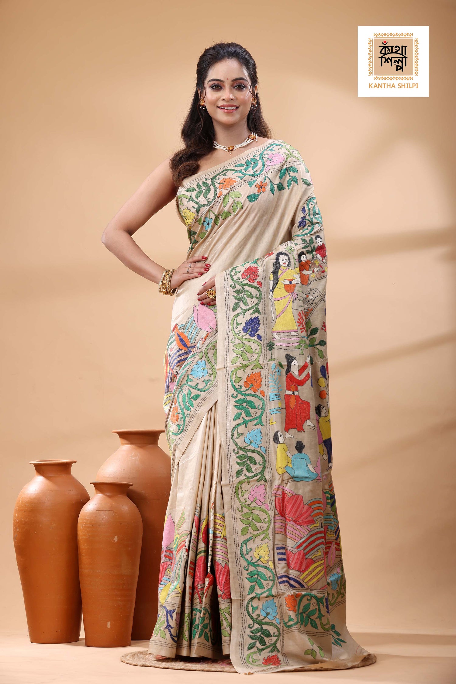 Pure Gachi Tussar Multicolor Thread Work Kantha Stitch Saree