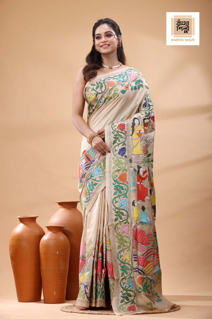 Pure Gachi Tussar Multicolor Thread Work Kantha Stitch Saree