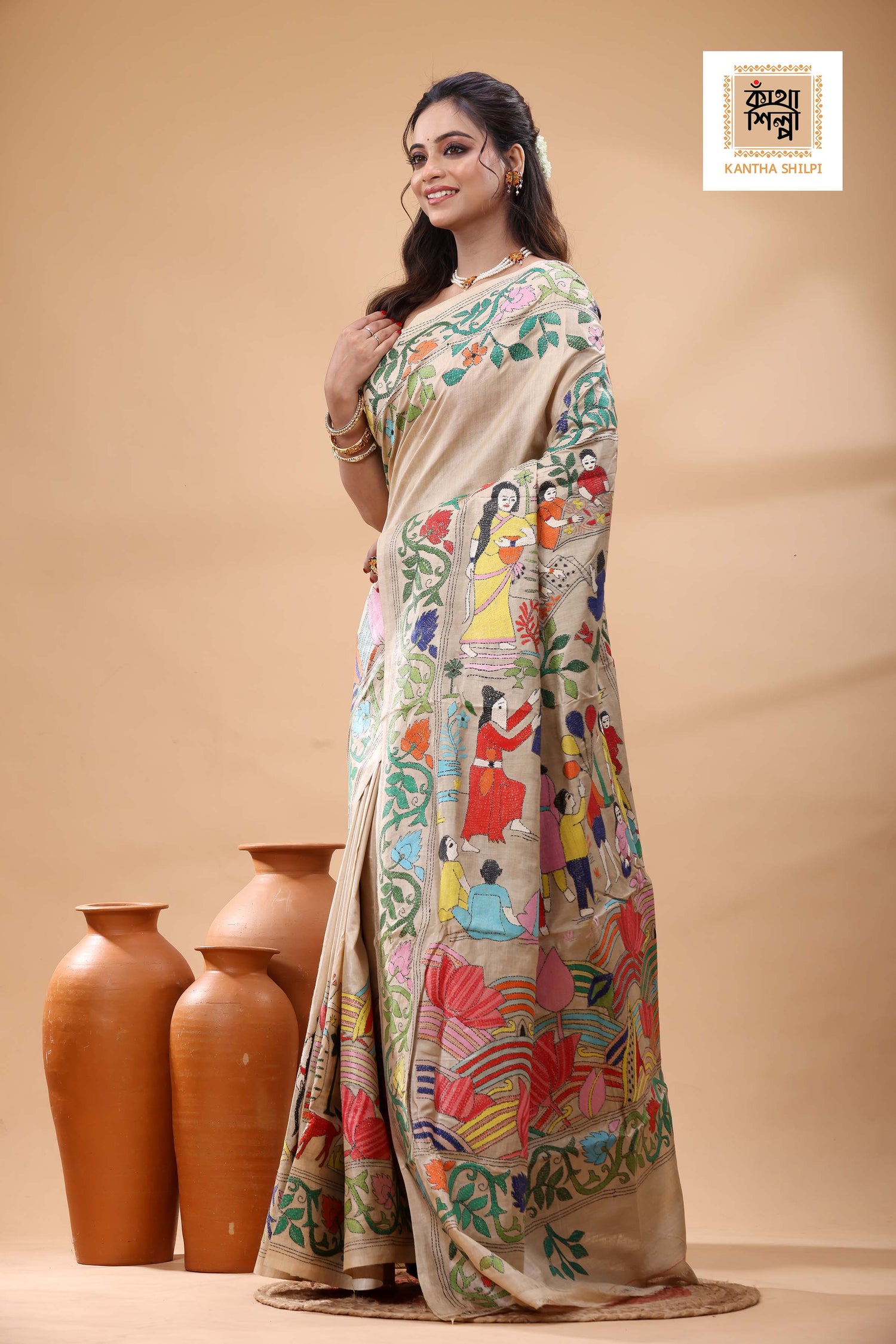 Pure Gachi Tussar Multicolor Thread Work Kantha Stitch Saree