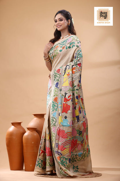Pure Gachi Tussar Multicolor Thread Work Kantha Stitch Saree