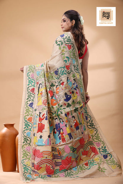 Pure Gachi Tussar Multicolor Thread Work Kantha Stitch Saree