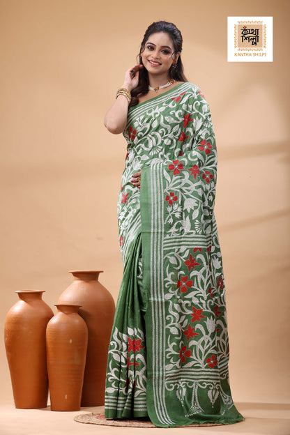 Pure Dye Gachi Tussar Multicolor Thread Work Kantha Stitch Saree