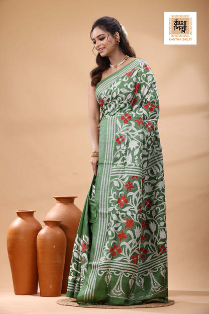 Pure Dye Gachi Tussar Multicolor Thread Work Kantha Stitch Saree
