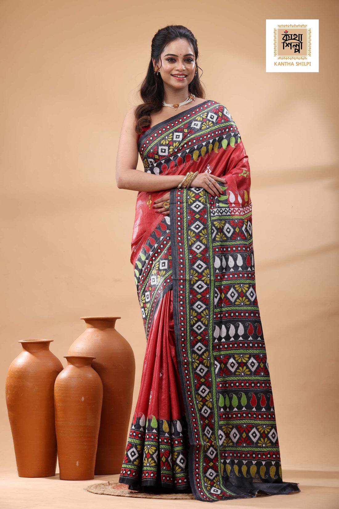 Pure Dye Gachi Tussar Multicolor Thread Work Kantha Stitch Saree