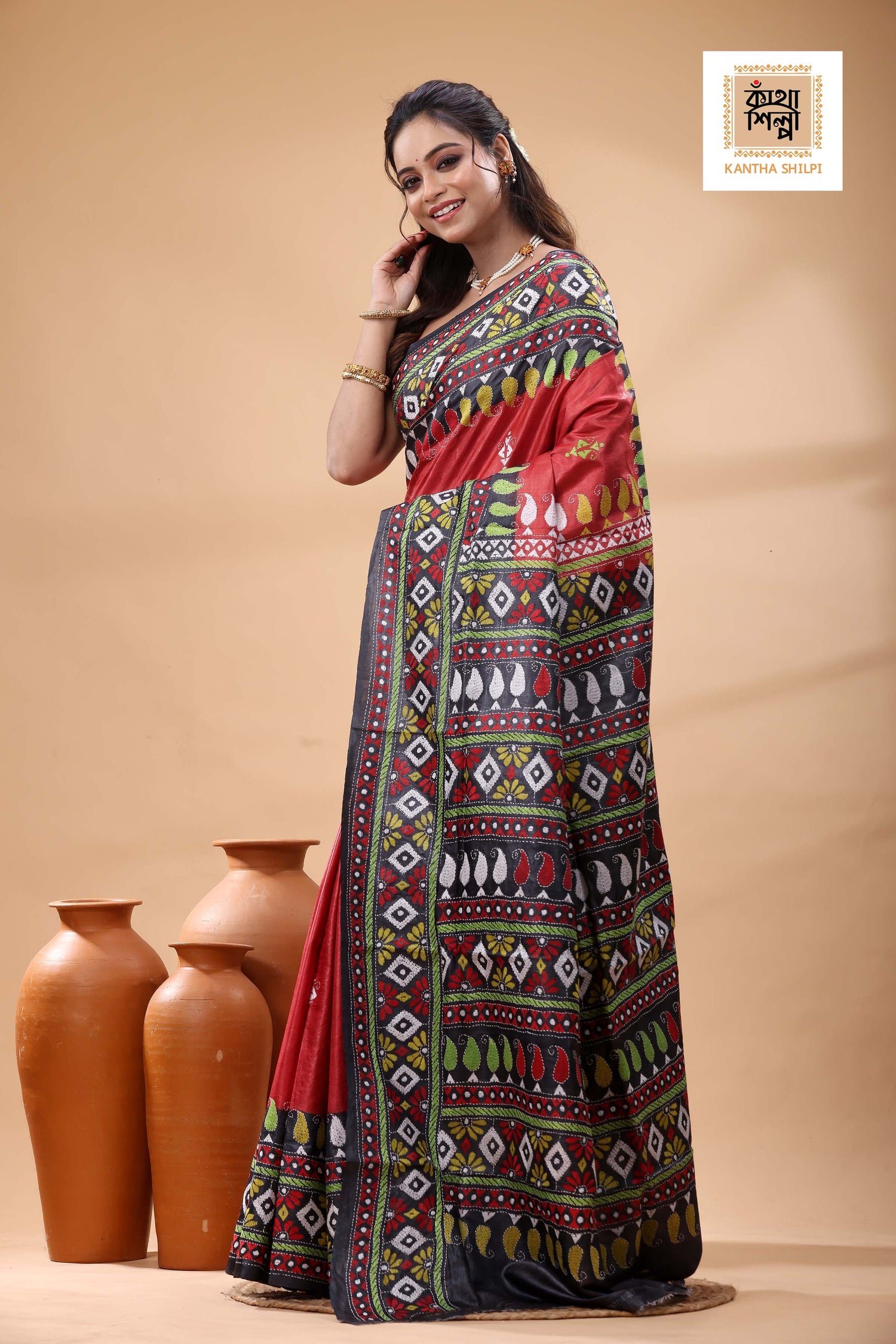 Pure Dye Gachi Tussar Multicolor Thread Work Kantha Stitch Saree
