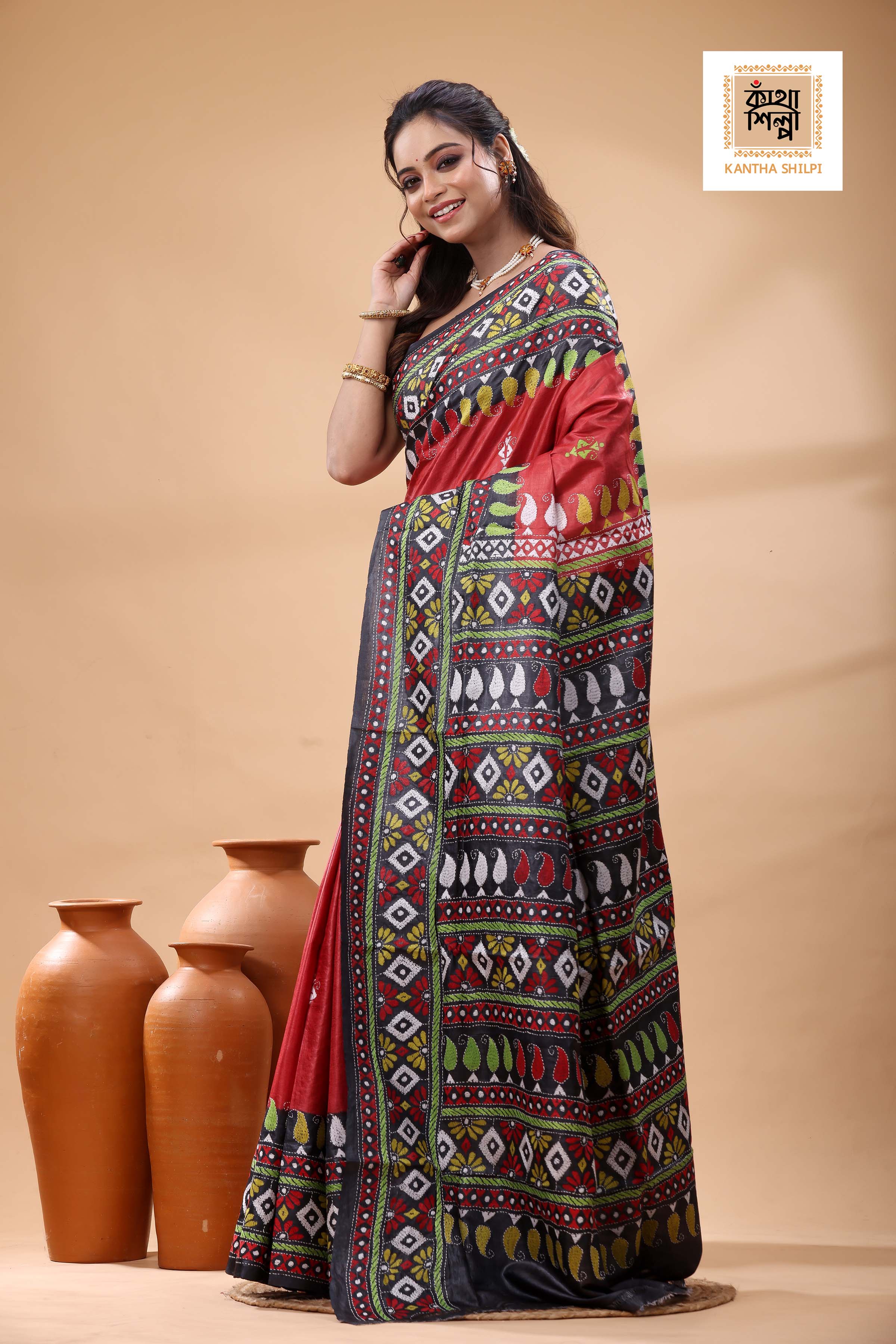 Pure Dye Gachi Tussar Multicolor Thread Work Kantha Stitch Saree