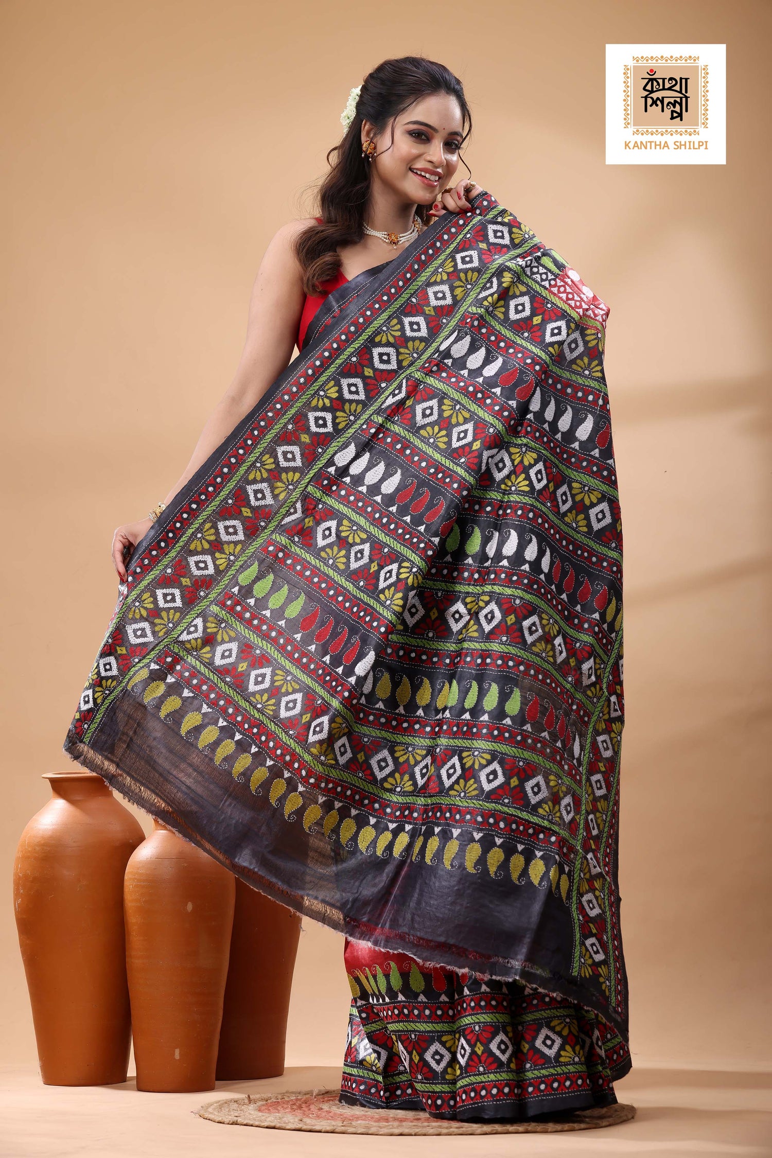 Pure Dye Gachi Tussar Multicolor Thread Work Kantha Stitch Saree