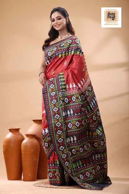 Pure Dye Gachi Tussar Multicolor Thread Work Kantha Stitch Saree
