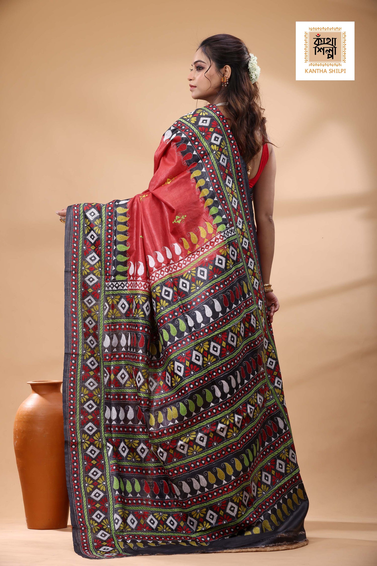 Pure Dye Gachi Tussar Multicolor Thread Work Kantha Stitch Saree