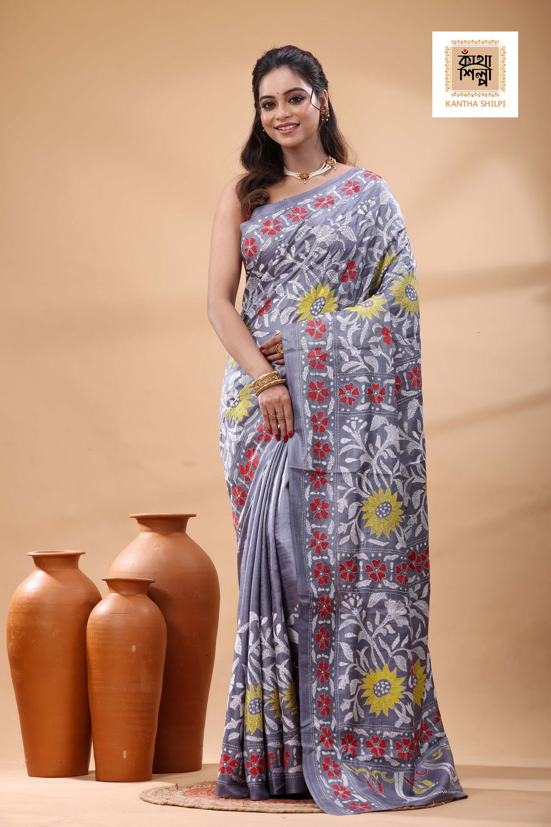 Pure Dye Gachi Tussar Multicolor Thread Work Kantha Stitch Saree