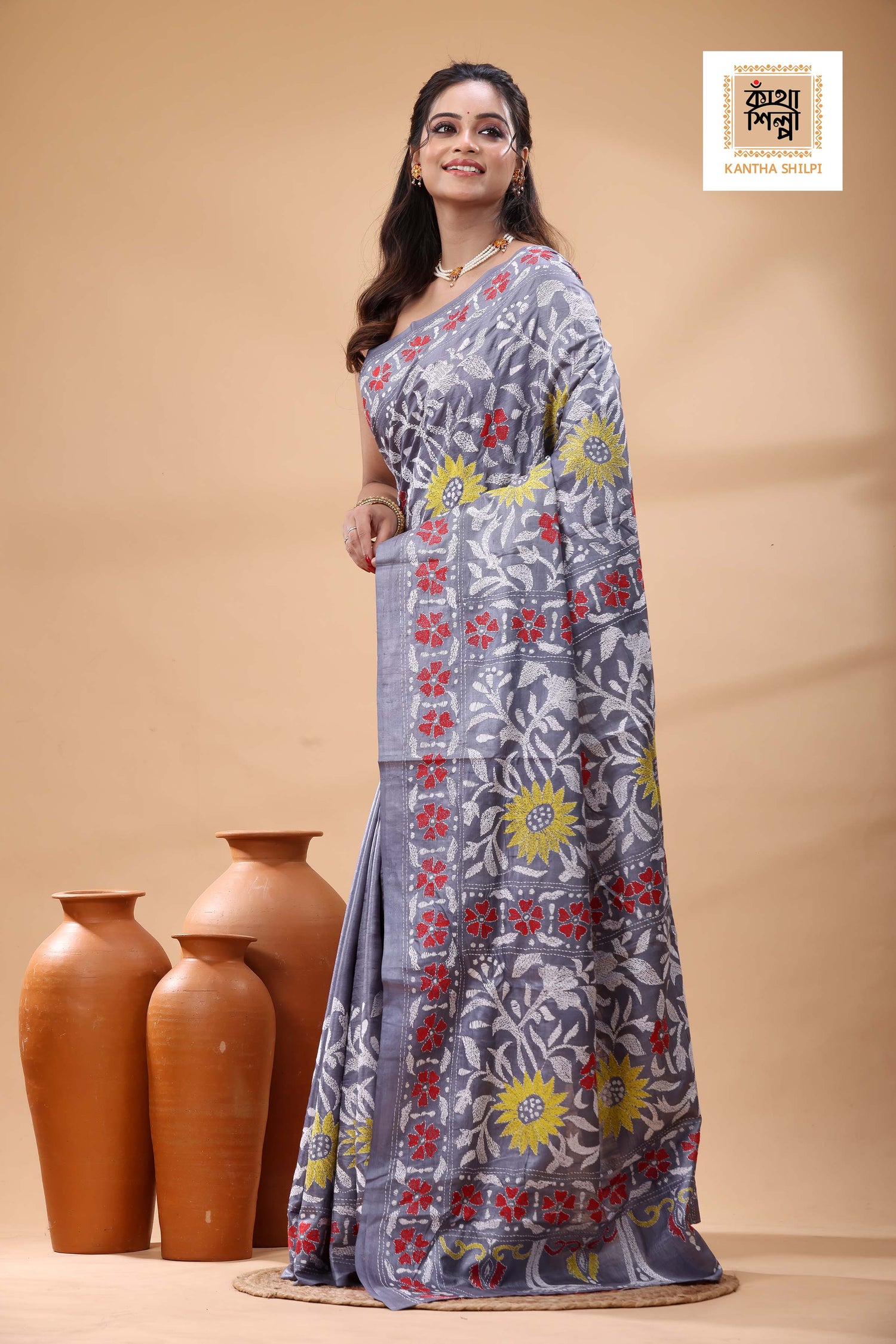Pure Dye Gachi Tussar Multicolor Thread Work Kantha Stitch Saree