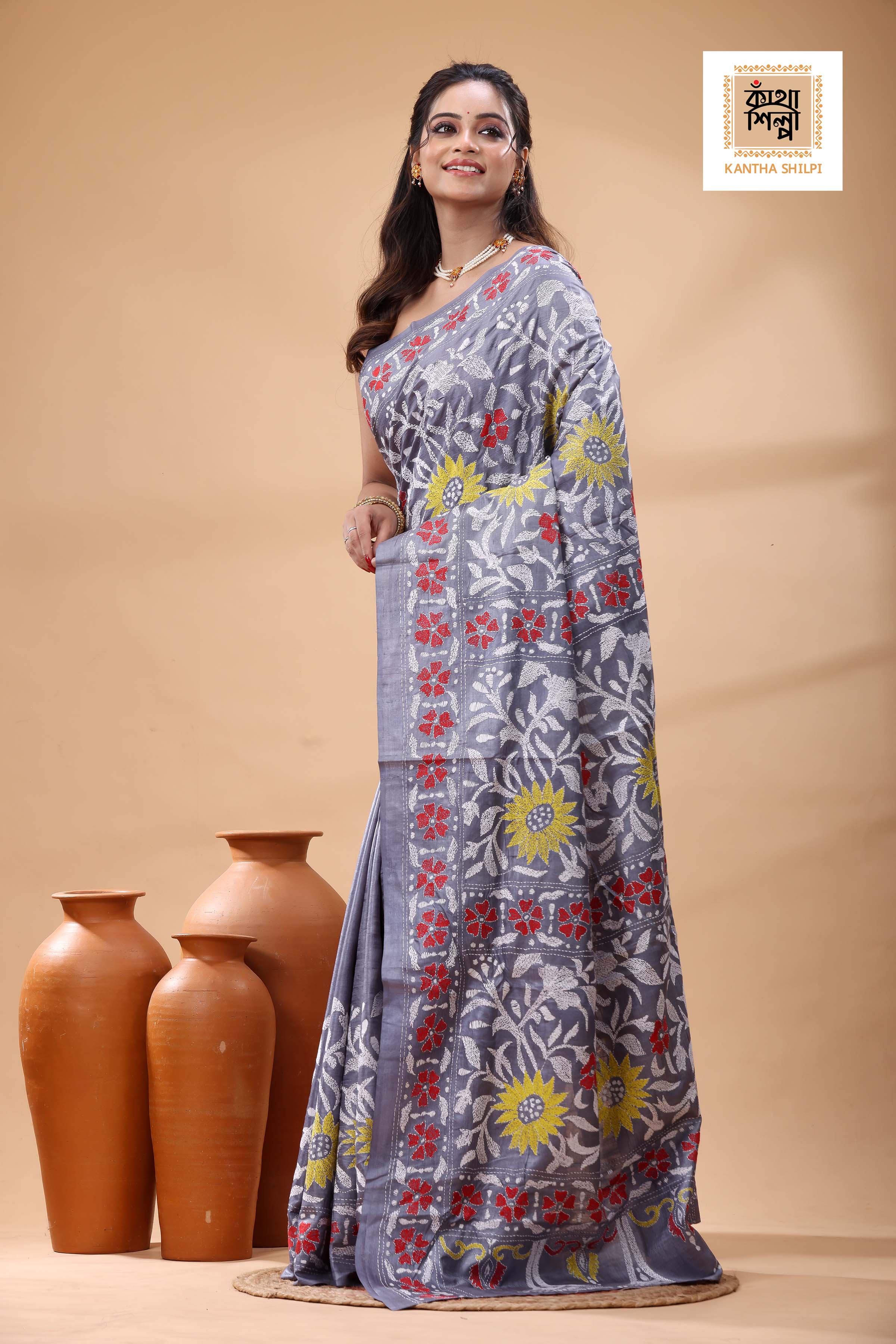 Pure Dye Gachi Tussar Multicolor Thread Work Kantha Stitch Saree