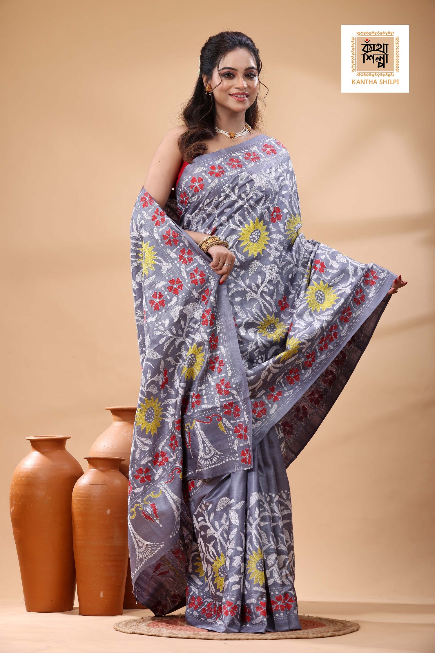 Pure Dye Gachi Tussar Multicolor Thread Work Kantha Stitch Saree